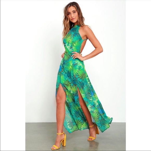 green tropical print maxi dress